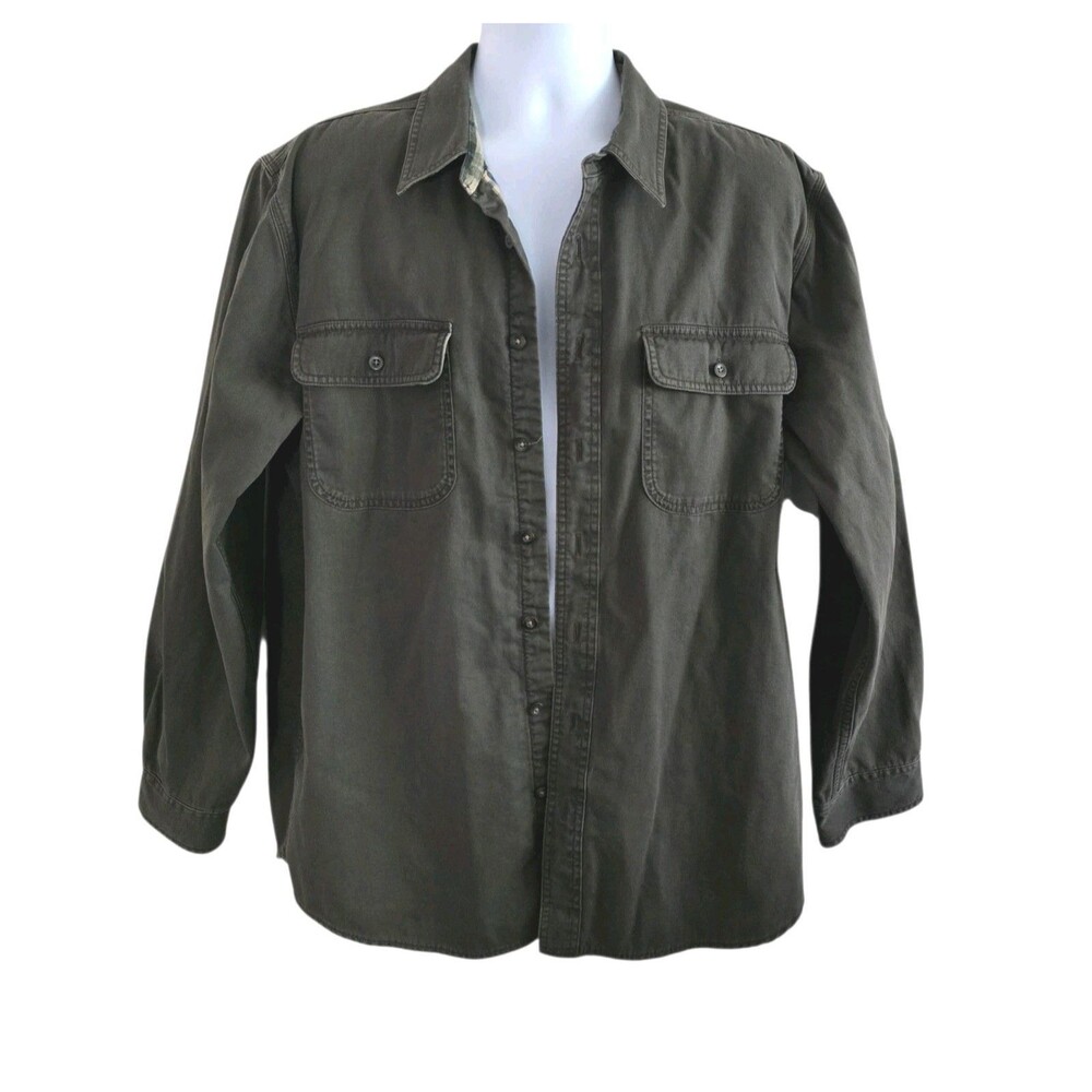 LL Bean Vintage Shirt Shacket Mens Large Olive With Plaid Flannel Lining